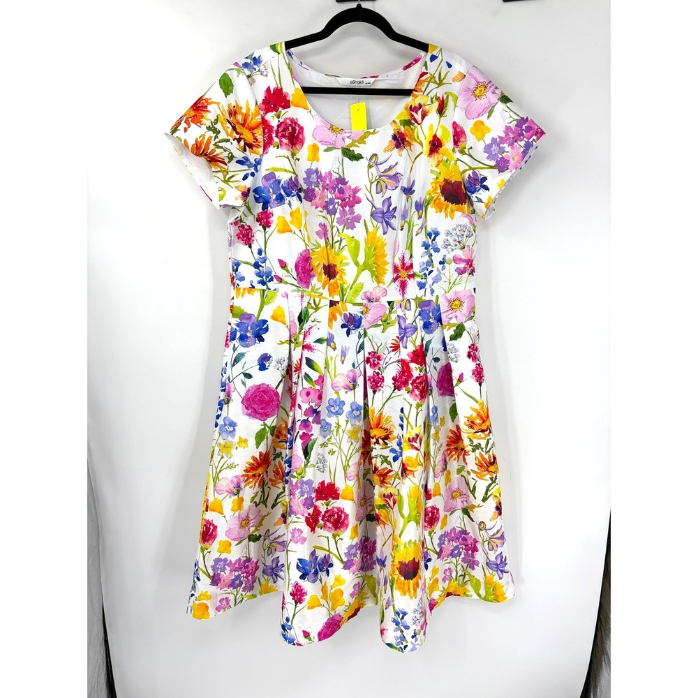 eShakti Floral Fit and Flare Dress White Wildflower Print Short Sleeve 2X 20W